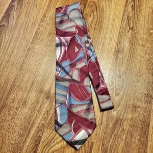 Vtg Christian Dior Monsieur Tie Silk Burgundy Blue Geometric Abstract Pattern